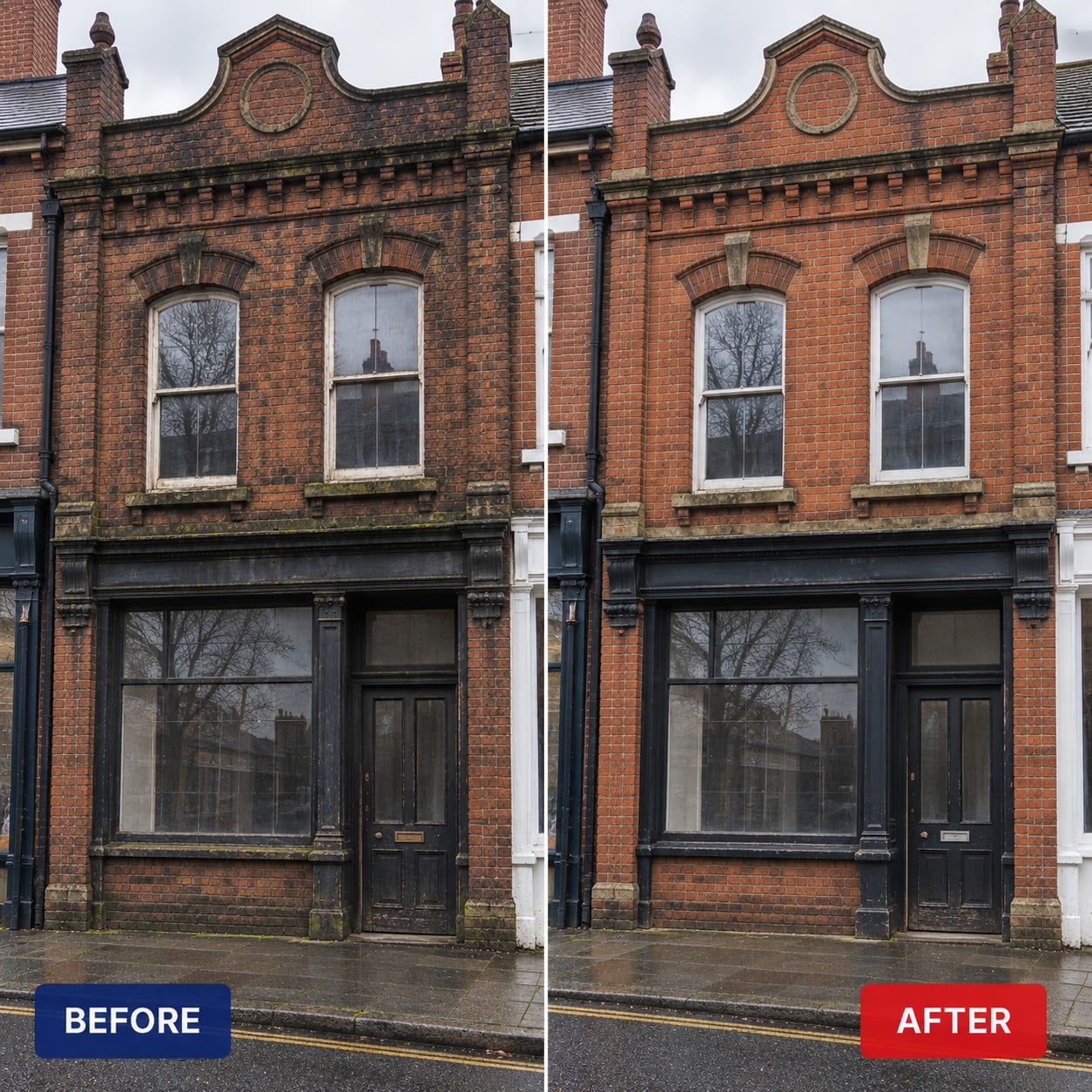 Before and after: victorian red brick frontage cleaned of soot and traffic film