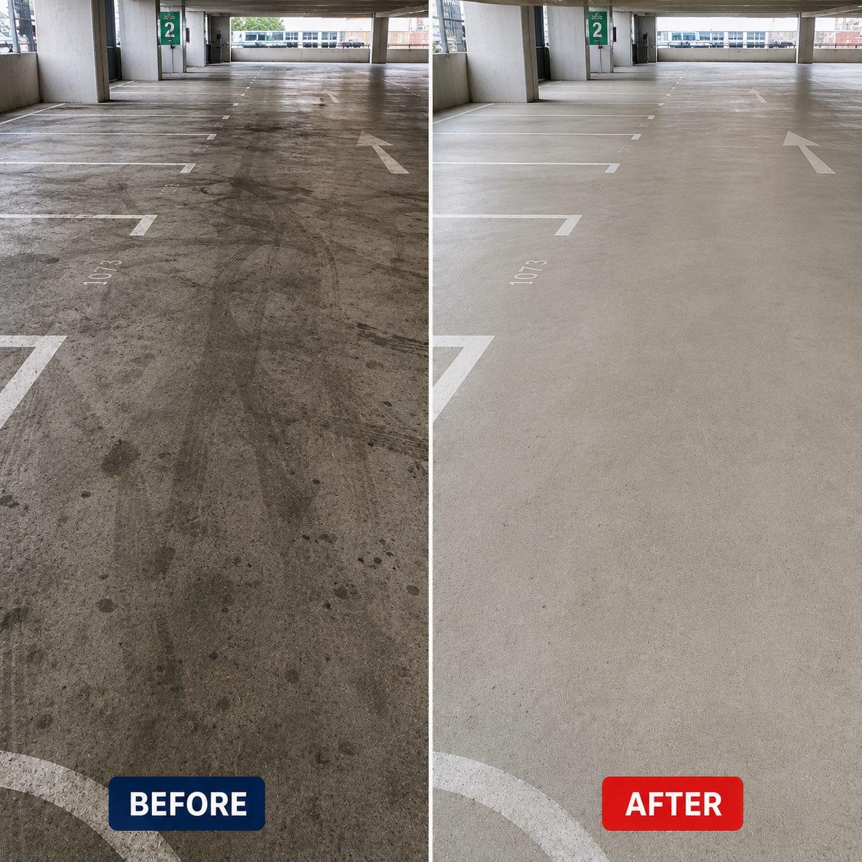 Before and after: a car park deck stained with tyre rubber and oil, washed back to clean concrete