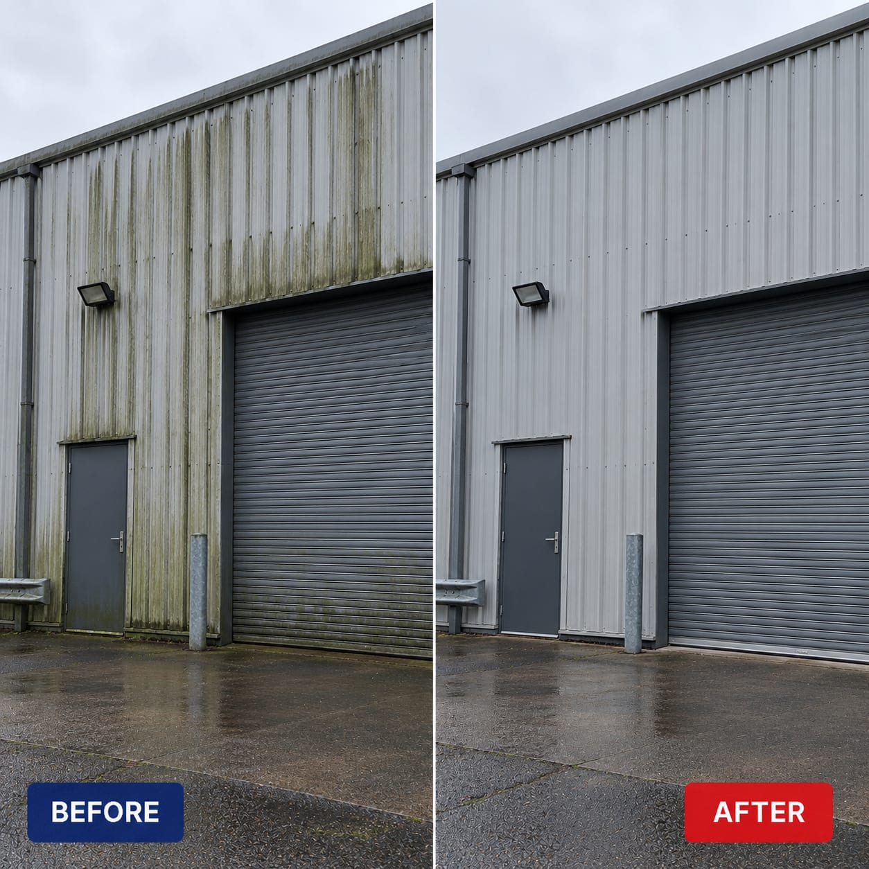 Before and after: industrial unit cladding washed back to an even finish