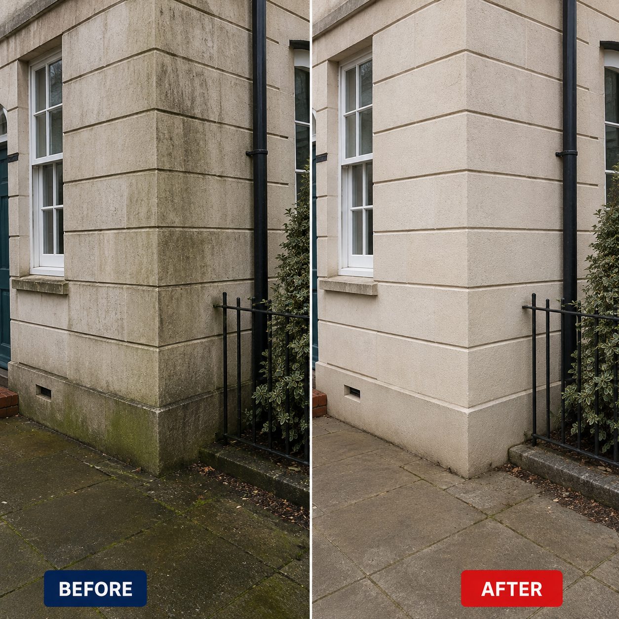 Before and after: a stone building elevation darkened by algae and soot, cleaned back to an even pale finish
