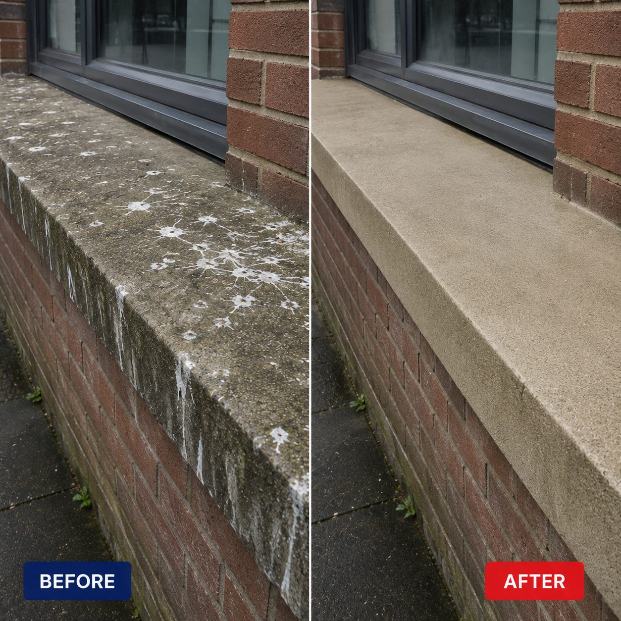 Before and after: a stone window sill whitened with pigeon fouling, cleaned and sanitised back to bare stone