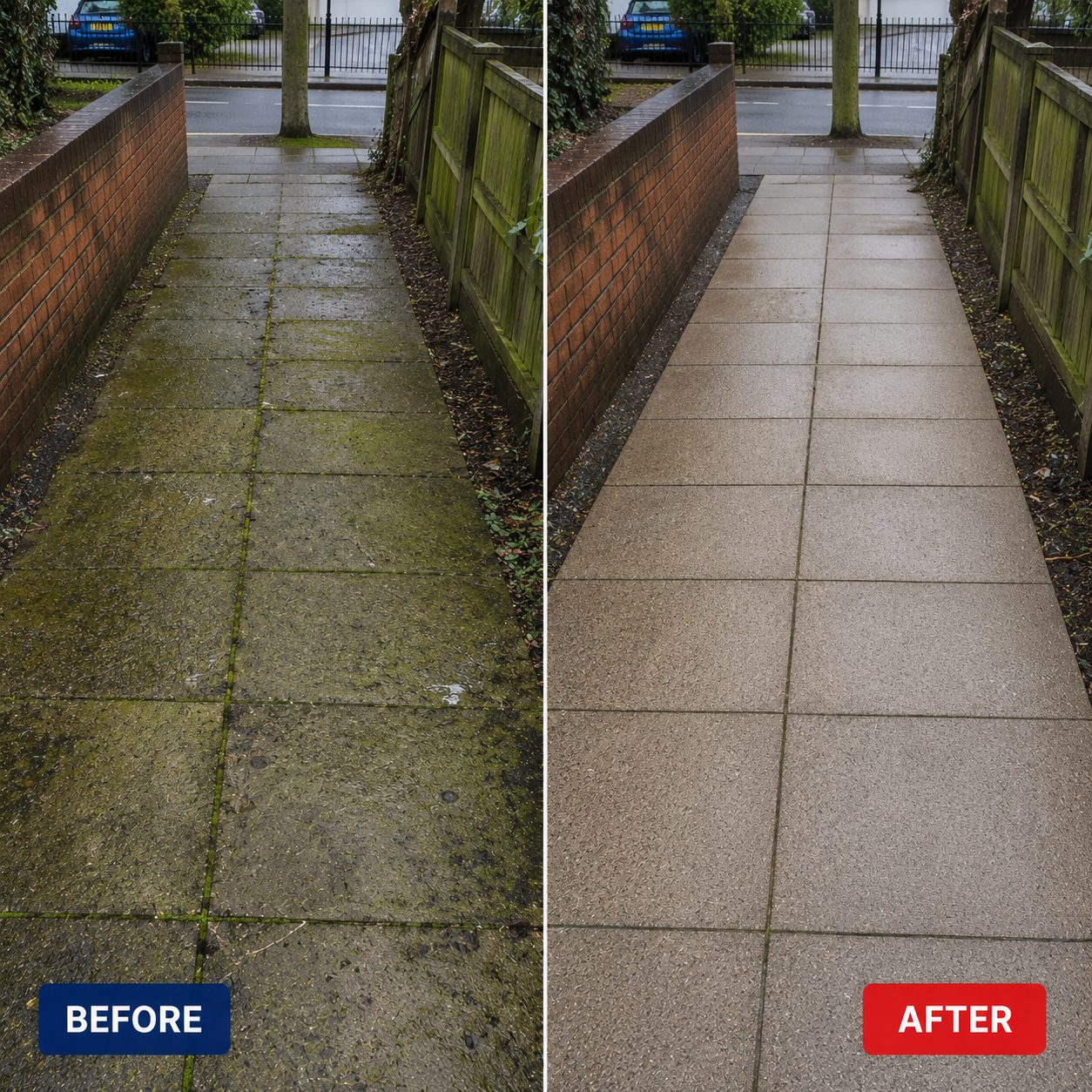 Before and after: a paved footpath thick with green moss and algae, cleaned back to bare paving