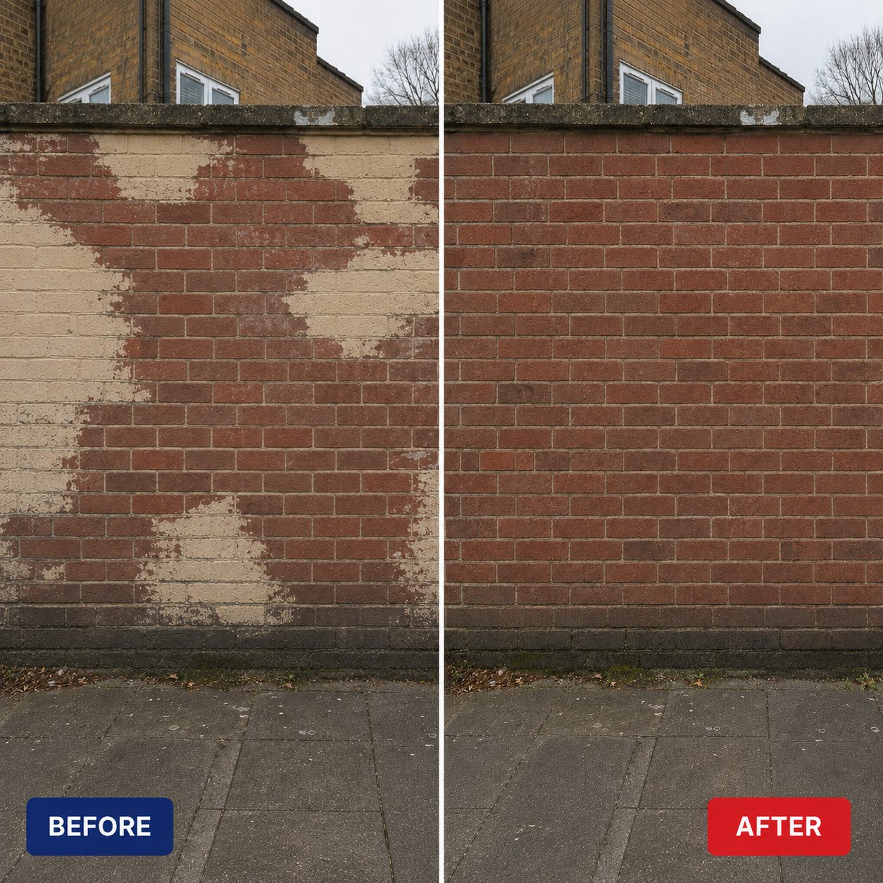 Before and after: a brick wall part-covered in flaking cream masonry paint, stripped back to clean red brick