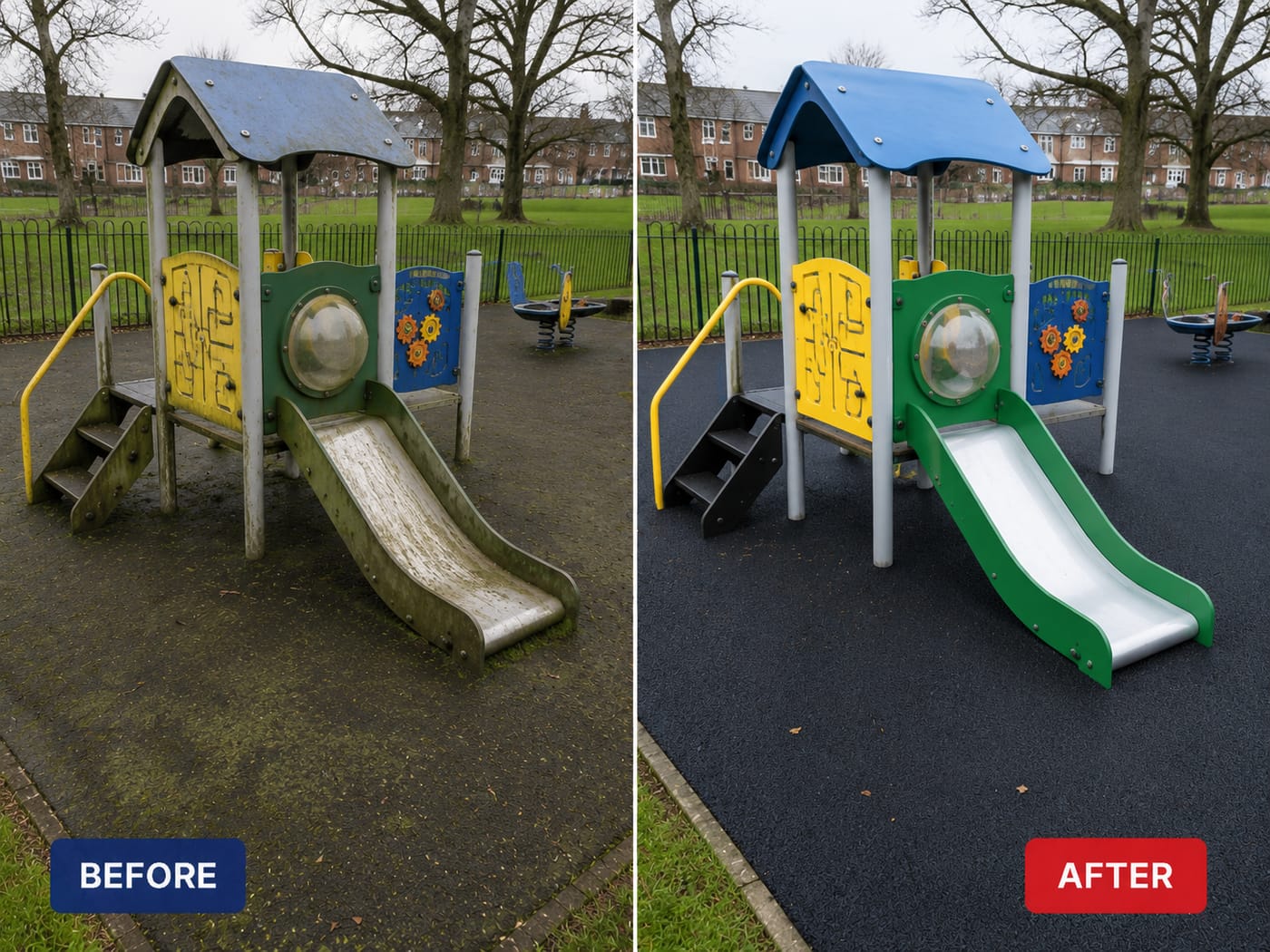 Before and after — graffiti / grime removed and surface restored