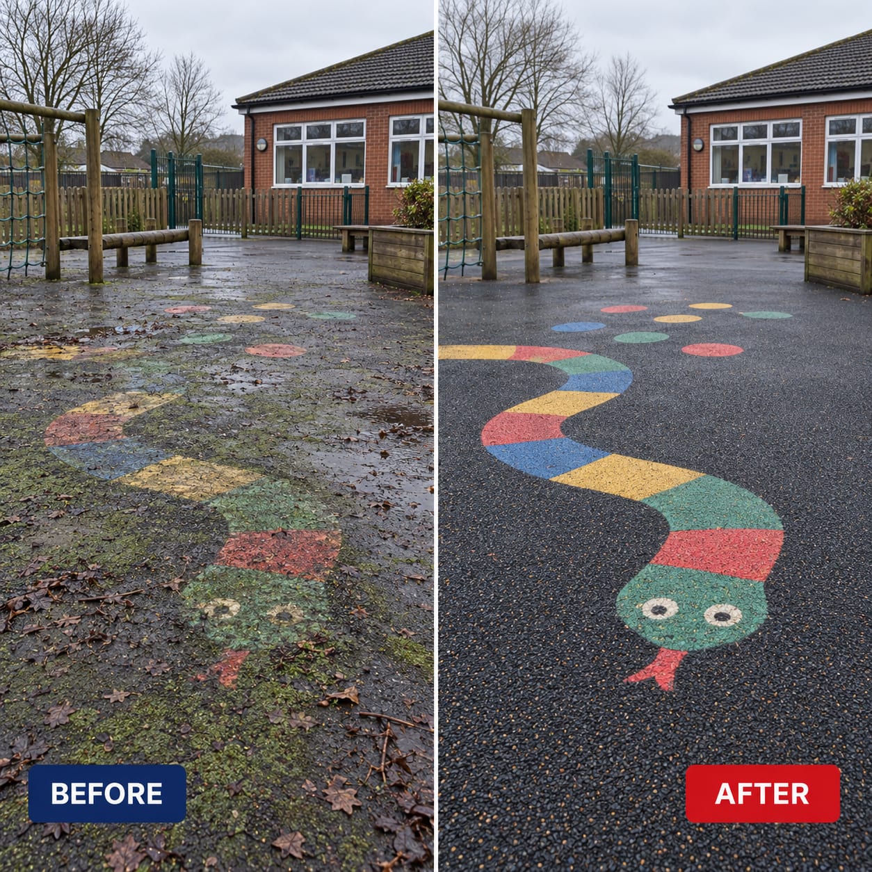 Before and after: playground surface cleaned and markings brought back