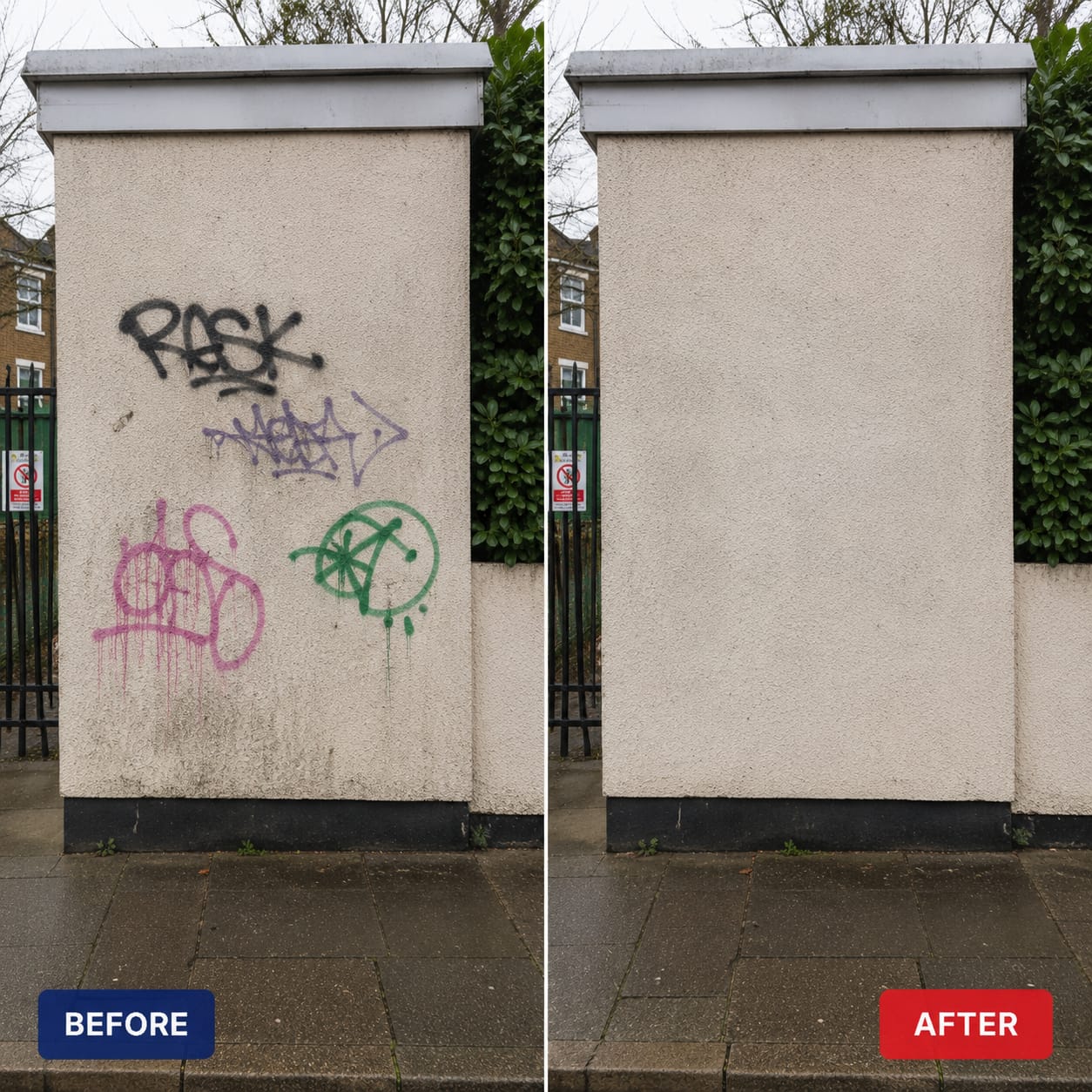 Before and after — graffiti / grime removed and surface restored