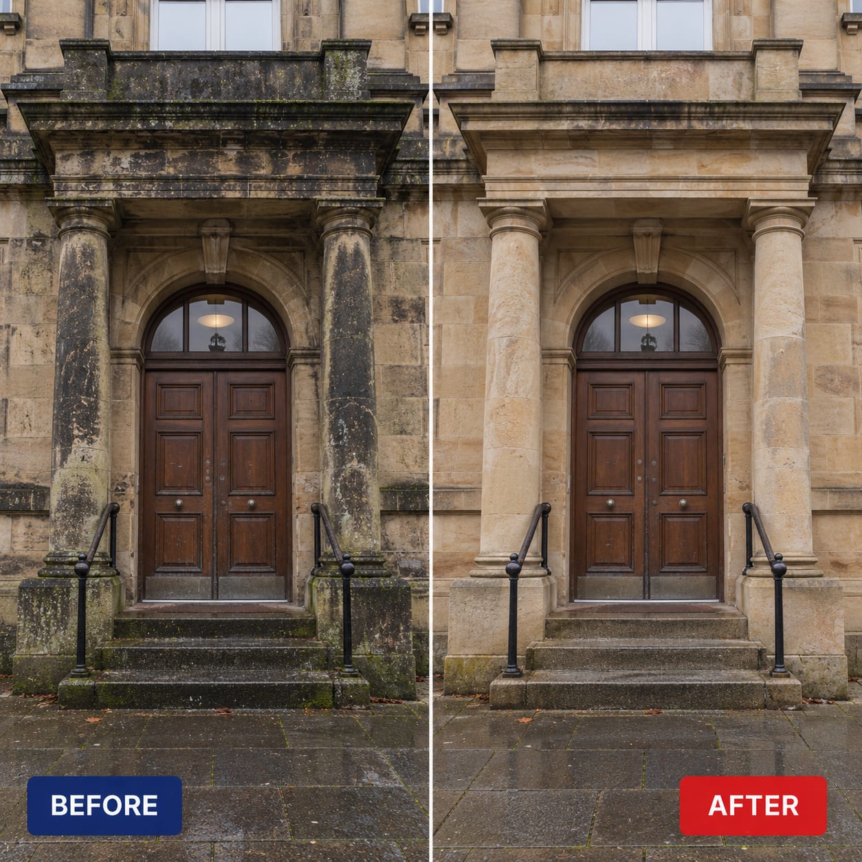 Before and after: sandstone entrance cleaned back with low-pressure hot water