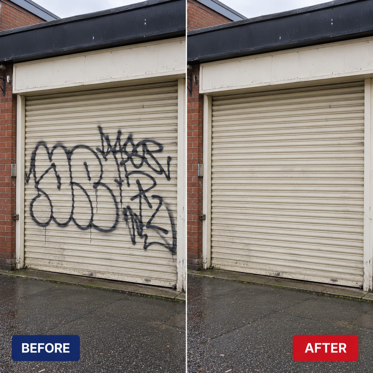 Before and after graffiti removal in Wirral: roller shutter cleared of a large tag