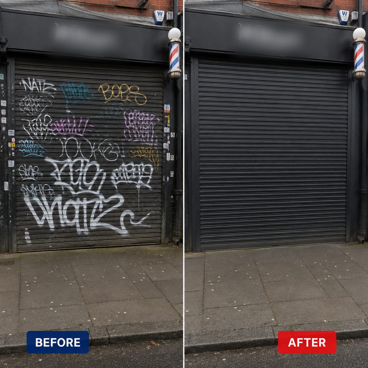 Before and after: a shopfront roller shutter covered in tags and stickers, cleaned back to its original finish