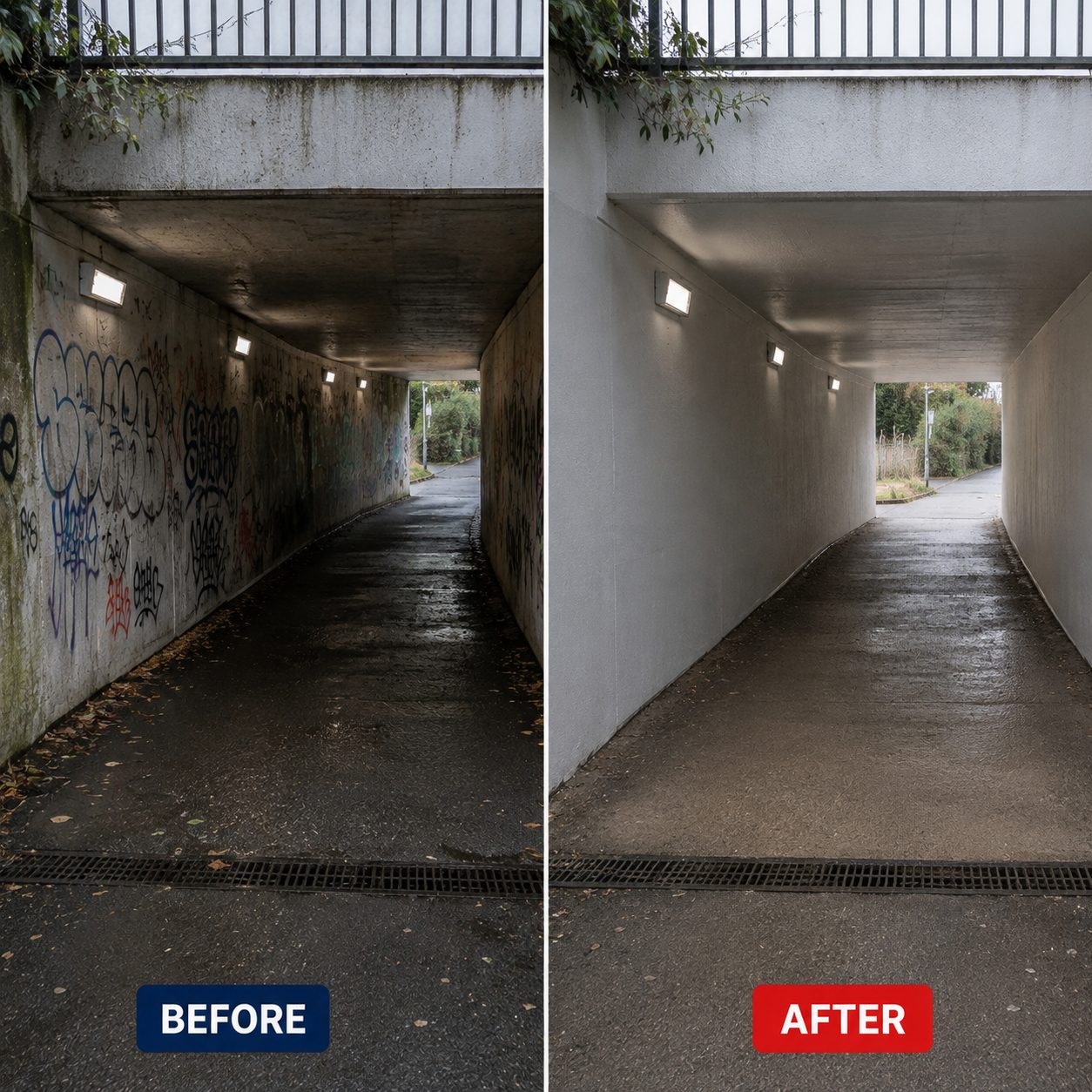 Before and after: a pedestrian underpass covered in graffiti, cleaned back to bare concrete