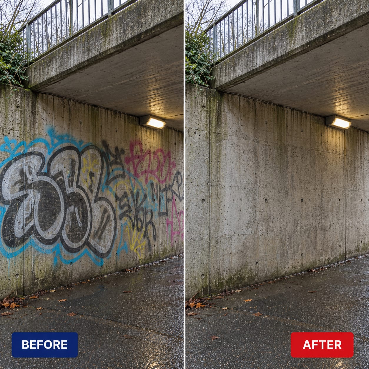 Before and after graffiti removal in Sheffield: concrete underpass wall cleared of graffiti