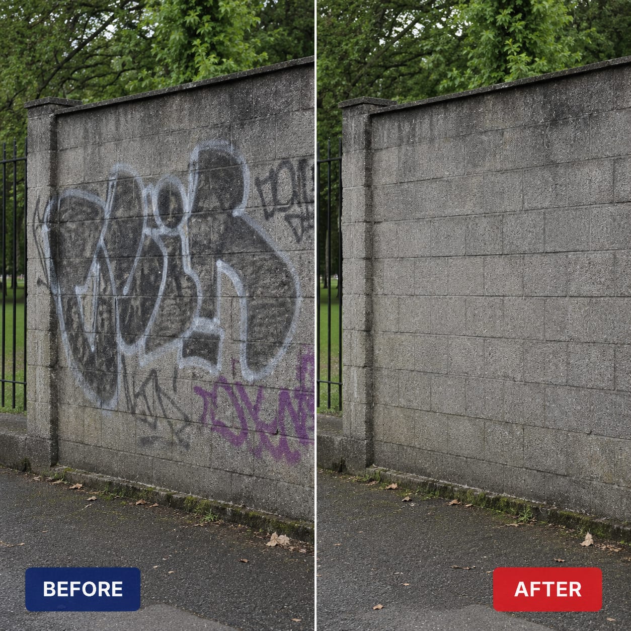 Before and after — graffiti / grime removed and surface restored