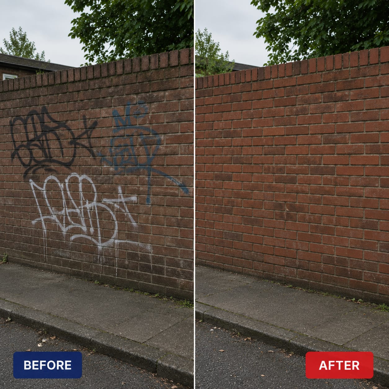 Before and after — graffiti / grime removed and surface restored