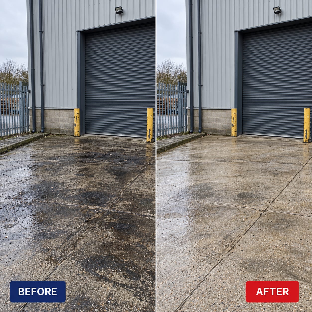 Before and after: loading yard concrete cleaned of oil and tyre staining